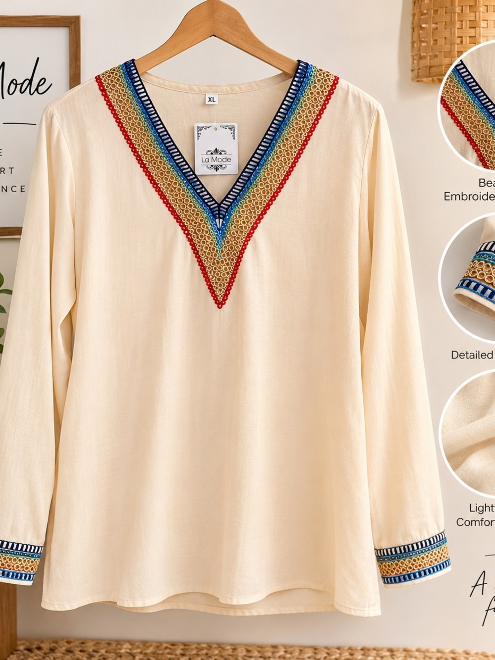 La Mode Cream Embroidered V-Neck Tunic